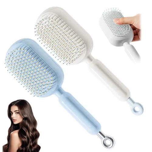 Vista 9 de Cepillo de pelo autolimpiante, cepillo retráctil con cerdas de masaje, peine antiestático fácil de limpiar para todo tipo de cabello, cepillo de Azul