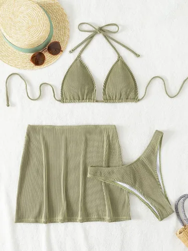 Vista 2 de SweatyRocks Conjunto de traje de baño de 3 piezas de bikini a rayas de cebra y falda de playa para mujer