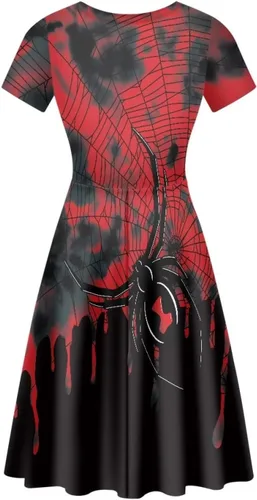 Vista 2 de Amzprint Disfraz de Halloween de calavera de azúcar y esqueleto con huesos cruzados de rosa, elegante, casual, minivestido acampanado para fiesta