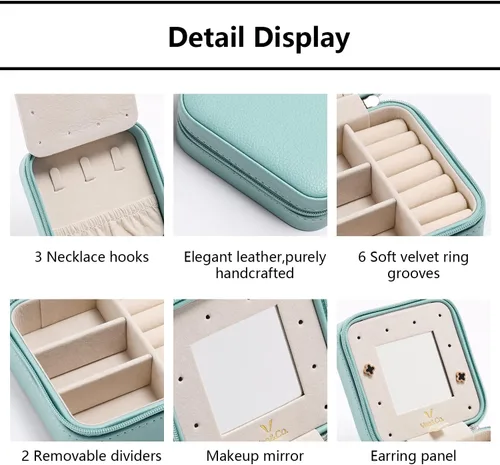 Vista 2 de Vee - Estuche pequeño para joyas de viaje mini organizador de joyas con espejo portátil caja de joyería para aretes anillos collares pulseras