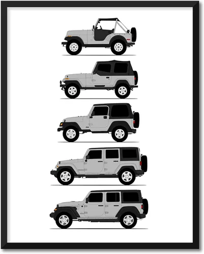 Vista 20 de Custom Car Posters Póster hecho a mano compatible con Jeep Wrangler Generations e impresión de CJ, YJ, TJ, JK, JL, estadounidense, 8 x 10 pulgadas