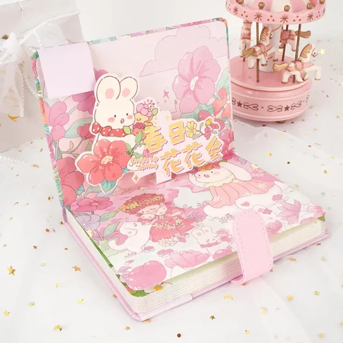 Vista 4 de Lindo cuaderno de dibujos animados kawaii, cuaderno de bocetos japonés con cubierta de cuero, cuaderno de notas, cuaderno de viaje, rosa claro