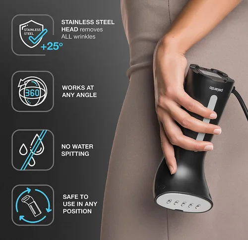 Vista 3 de Polardo Vaporizador de ropa de viaje, vaporizador portátil compacto de mano con tecnología antiderrames de 360°, removedor de arrugas profesional