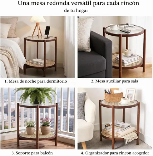 Vista 6 de Tiita Mesa auxiliar de ratán, mesa auxiliar redonda moderna de bambú, tapa Nogal (19.7 x 19.7 x 22.4 pulgadas)