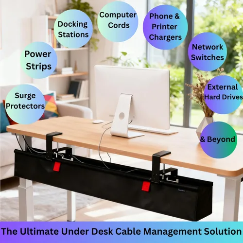 Vista 6 de Bandeja de organización de cables para debajo del escritorio, organizador de cables grande sin taladrar de 36 pulgadas con tela Oxford fácil