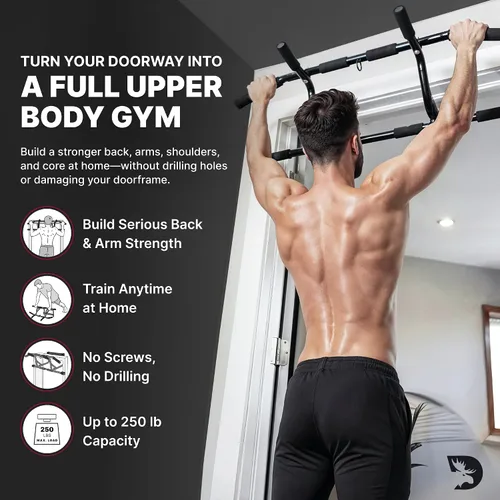 Vista 2 de DMoose Fitness Barra de dominadas para puerta – Capacidad de hasta 250 libras, sin atornillar ni deslizarse, dominada colgante y barra de barbilla
