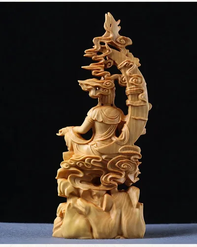 Vista 4 de Estatua de kuanyin de Feng Shui, estatua de boj quanyin, decoración de estante de escritorio, obra de arte tallada a mano para decoración de oficina