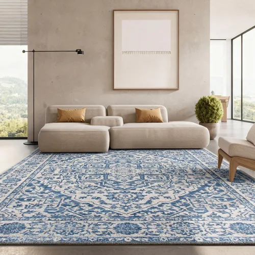 Vista 39 de Safavieh - Alfombra de 2 x 4 pies de la colección Brentwood color marfil y azul marino, alfombra que no suelta pelusas con diseño desgastado
