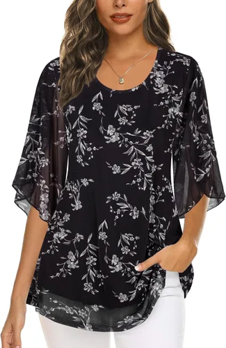 Vista 2 de Ninedaily Blusas de manga 34 para mujer, estilo casual, de doble capa, de malla, tipo túnica
