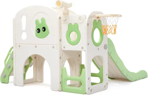 Vista 3 de Jaxpety Juego de tobogán y escalador 8 en 1 para niños pequeños, parque infantil con escaleras, túnel, telescopio, almacenamiento, aro de baloncesto