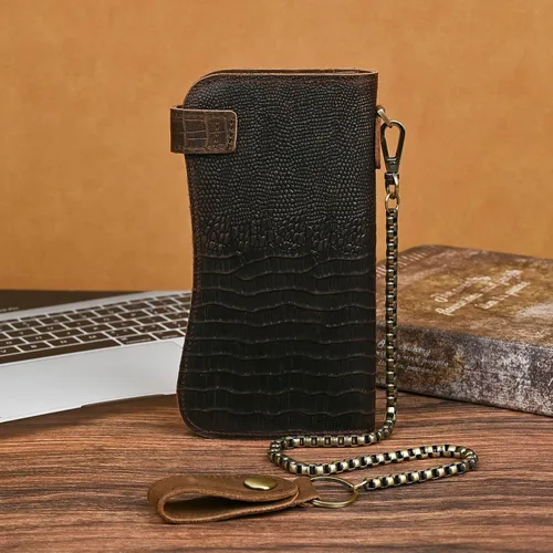 Vista 5 de Genuino caballo loco cuero viaje regalo moneda bolsillo tarjeta caso largo organizador cadena Rfid monedero con broche para hombres hombres 1088