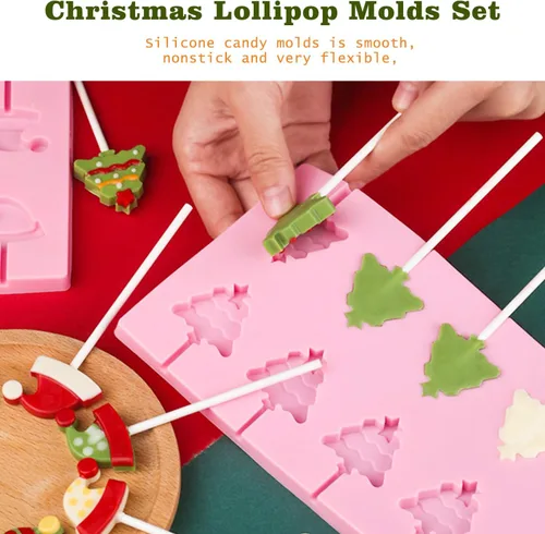 Vista 6 de Paquete de 3 moldes para piruletas de silicona para caramelos duros de chocolate, molde de goma de Navidad con 100 palitos de chupón (12 cavidades)