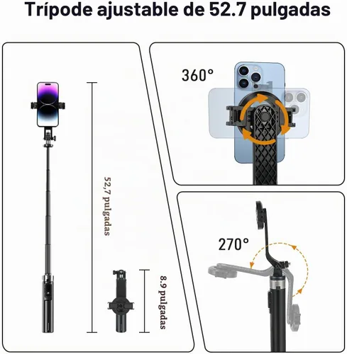 Vista 3 de WOVTE Trípode magnético para selfie stick con 2 luces LED, trípode de 52 pulgadas para iPhone con control remoto recargable, palo selfie portátil