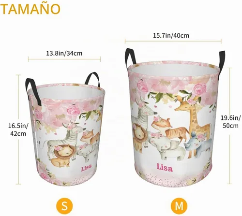 Vista 4 de Cesta de lavandería personalizada con diseño de jirafa, león y flores rosadas, con asas, impermeable, para decoración de dormitorio y baño. Opción 1