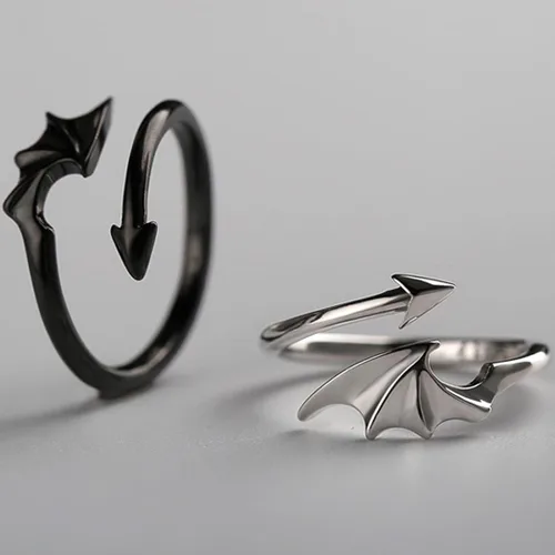 Vista 7 de Anillos a juego para mujer, hombre, ángel, alas de diablo, dragón y flecha, anillos abiertos, ajustables, sol, luna, promesa, juego de anillos
