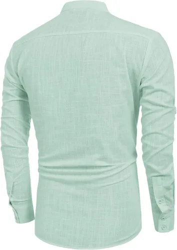 Vista 8 de COOFANDY - Camisa de lino y algodón con cuello Henley, de manga larga, estilo hippie, informal, camisetas de playa