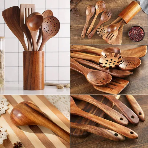 Vista 4 de Juego de utensilios de cocina de madera de teca, 7 piezas, utensilios de cocina de madera, incluye espátula