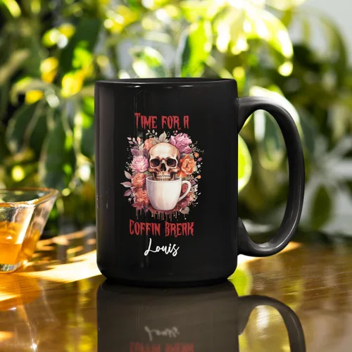 Vista 4 de Taza de café personalizada de Halloween 2023, taza de café de calavera floral, taza de Halloween personalizada con nombre, taza de cerámica floral