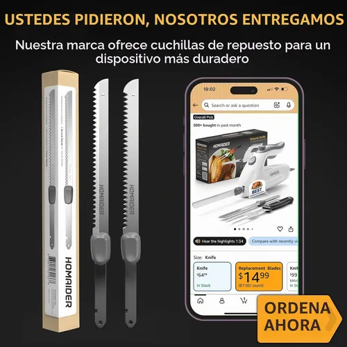 Vista 4 de Homaider - Cuchillo eléctrico para cortar carne 2 cuchillas, tenedor