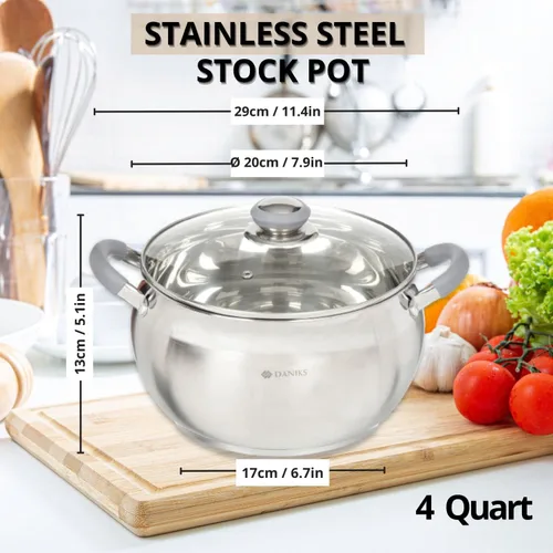 Vista 3 de Daniks Moderna Olla de Cocción de Acero Inoxidable de 4 Cuartos con Tapa de Vidrio, Base de Tres Capas para Calentamiento Uniforme, Compatible