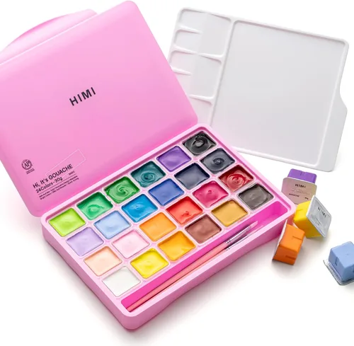 Vista 7 de HIMI Juego de pinturas gouache con 3 pinceles, 24 colores, 30 g, diseño de cápsula de gelatina, pintura no tóxica para lienzo y papel, suministros