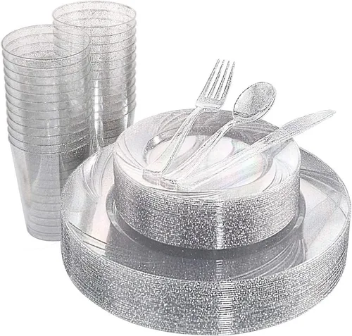Vista 12 de WDF 25 platos azules para invitados con cubiertos desechables y vasos azules, vajilla de plástico transparente neón incluye 25 platos de cena