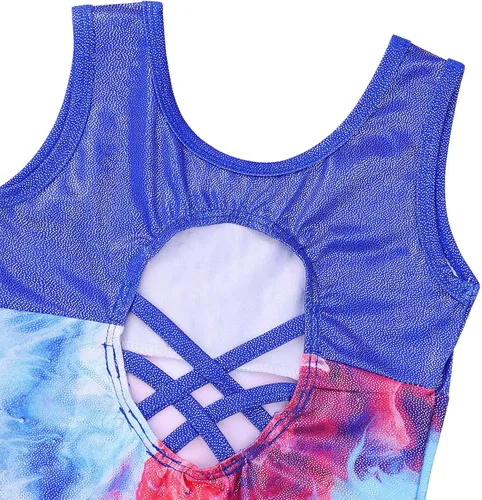 Vista 5 de TFJH E Leotardos de gimnasia para niñas, disfraces de danza de diamantes brillantes, trajes de práctica con espalda cruzada