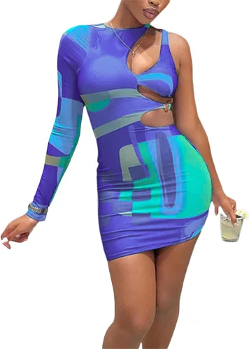 Vista 2 de Newbgclo Vestido sexy de manga larga para mujer, con bloques de color, ajustado, vestido cruzado de una sola pieza, vestido de fiesta de club