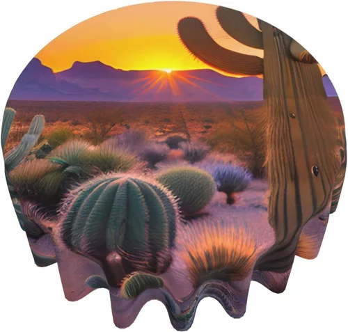 Vista 3 de Mantel decorativo redondo Cactus Desert Sunsets: transforma tus mesas de comedor y café con nuestro exuberante acento de lino