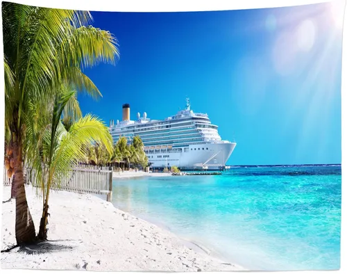 Vista 2 de Loccor Tapiz de crucero con diseño de palmera del mar caribeño, coral, playa, tapiz para colgar en la pared, isla tropical, sol, verano, vacaciones