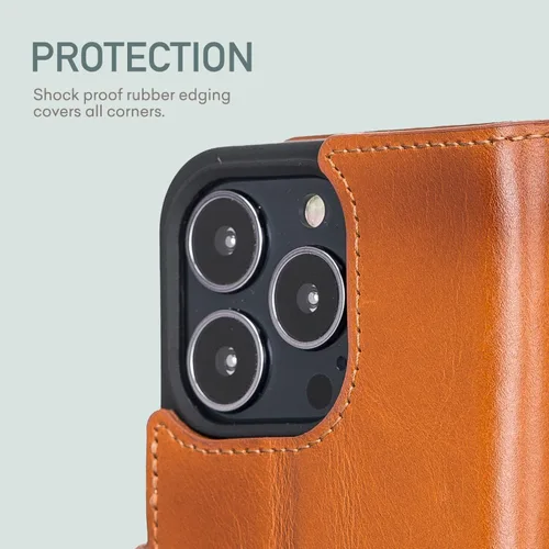 Vista 7 de Bayelon Funda para iPhone 13 Pro Max, funda de piel de grano completo, funda magnética con ranuras para tarjetas, función atril (bronceado rústico)