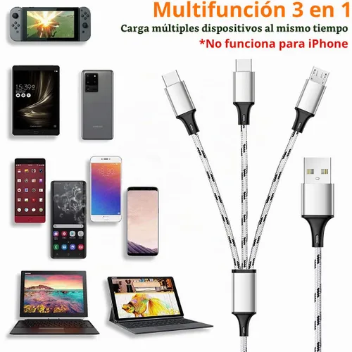 Vista 8 de Cable de carga múltiple, paquete de 2 cables trenzados USB 3 en 1