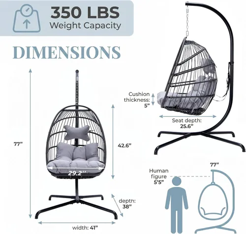 Vista 5 de NICESOUL Cómoda y cómoda silla de mimbre para exteriores con soporte, sillas plegables para patio con cojín, hamaca resistente de 350 libras