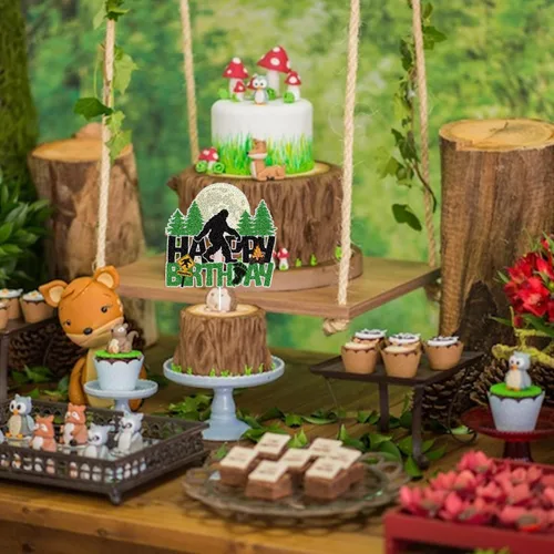 Vista 4 de Bigfoot - Decoración para pastel de cumpleaños con temática de Pie grande, decoración de tartas de bosque de selva y selva, suministros