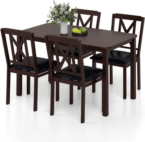 Vista 9 de Giantex Juego de mesa de comedor de 5 piezas para 4, mesa de cocina rectangular de 47 pulgadas y 4 sillas con patas de madera de goma, asiento