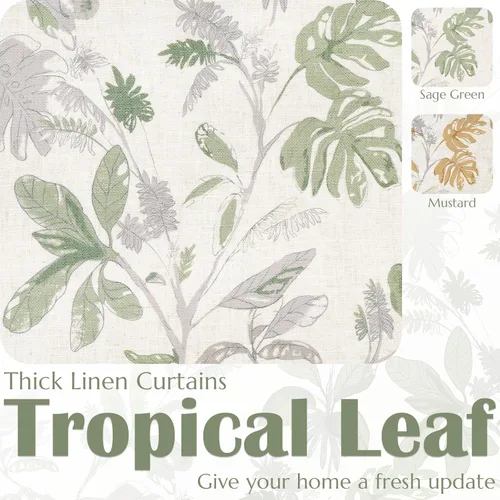 Vista 6 de Jinchan Cortinas de lino para sala de estar de 63 pulgadas de largo, con estampado de hojas tropicales, cortinas botánicas de lino estilo rústico