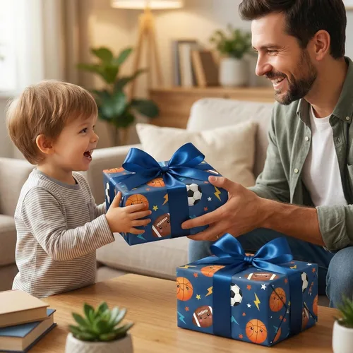Vista 3 de SaringSwoon Papel de regalo para baby shower para niños y niños, papel de regalo de pelota deportiva azul con diseño de baloncesto, fútbol, béisbol