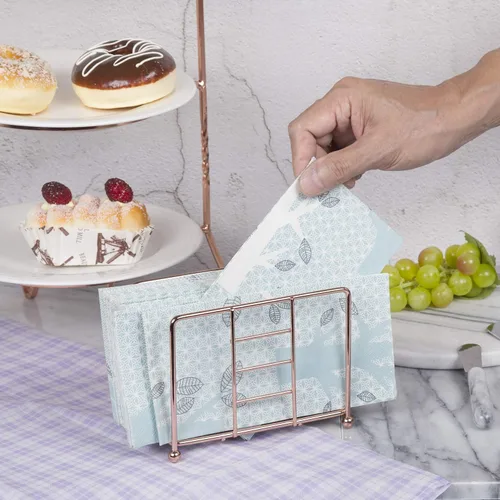 Vista 8 de Creative Home Servilletero de alambre de oro rosa para mesa, organizador de servilletas de metal chapado en cobre para encimera de cocina, mesa