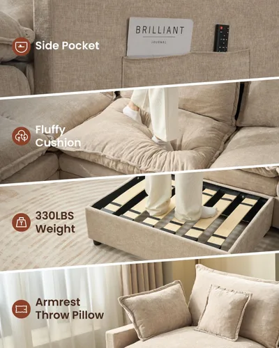 Vista 7 de Sofá modular modular de 108 pulgadas, en forma de U, moderno y cómodo, con otomana y almohadas móviles, sofás de asiento profundo para sala
