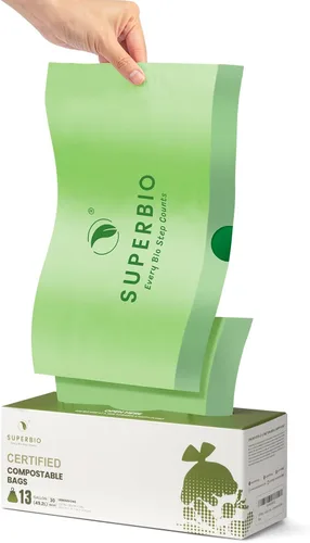Vista 8 de SUPERBIO Bolsa de Basura de Cocina Compostable con Cordón de 13 Galones, 49.2 Litros, 30 Unidades, 1 Mil, Bolsas Resistentes para Desechos