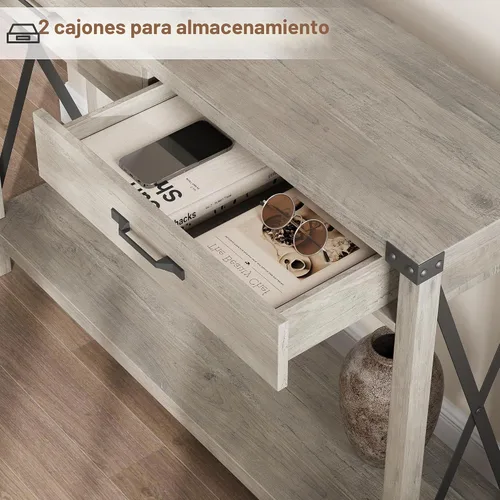 Vista 4 de IDEALHOUSE Mesa consola con 2 cajones, mesa de entrada de granja con estante de almacenamiento, mesa de sofá de madera decorativa para sala de Gris