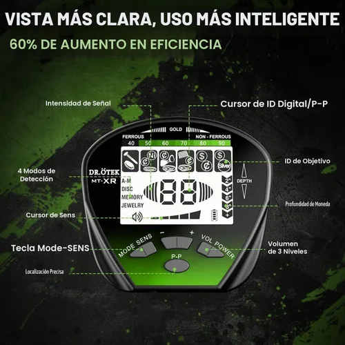 Vista 2 de DR.ÖTEK Detector de metales para adultos, impermeable, kit de detector de oro profesional con mayor precisión, bobina IP68 de 10 pulgadas, 5 modos