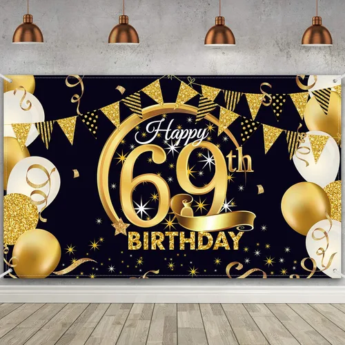 Vista 22 de Decoración de fiesta de cumpleaños número 15, cartel póster de tela extra grande negro y dorado para telón de fondo de cabina de fotos