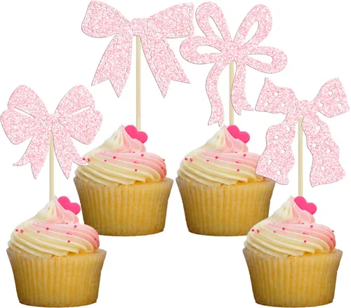 Vista 20 de Ephlyn 24 adornos para cupcakes con lazo para decoración de pastel de cumpleaños, decoración de fiesta de cumpleaños para niñas, decoración de Negro