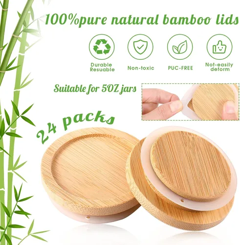 Vista 2 de Juego de tapas para tarros de yogur, madera de bambú con anillos de sellado de silicona, tarro de conservas de bambú de boca ancha Oui tapas para un