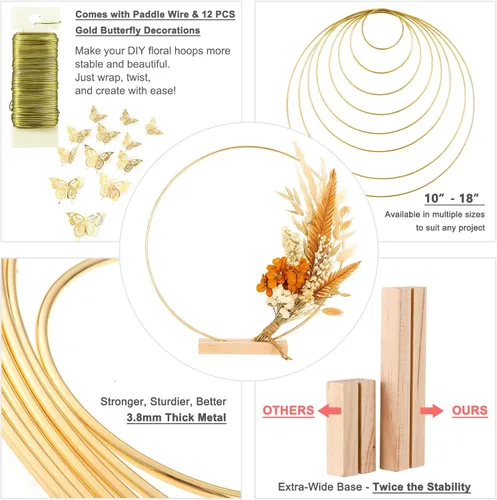 Vista 4 de Paquete de 10 aros florales con soporte de madera de 10 pulgadas, anillos de metal para centros de mesa de bricolaje, decoraciones de mesa