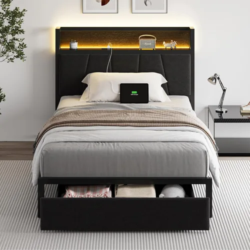 Vista 13 de CIKUNASI Base de cama tamaño Queen con cabecero y cajones de almacenamiento, base de cama con estación de carga de almacenamiento, marco de cama