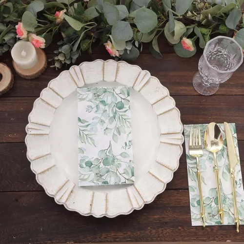 Vista 2 de Efavormart - Paquete de 20 servilletas de papel con estampado de hojas de eucalipto verde con una textura suave de 2 capas absorbente para bodas