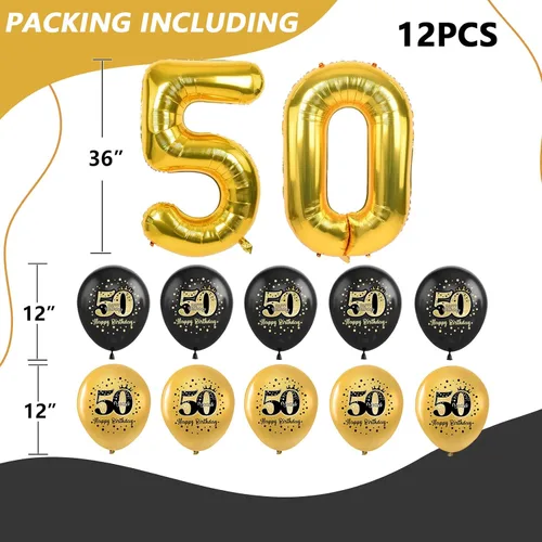 Vista 2 de Decoraciones de fiesta de cumpleaños número 50 en negro y dorado para mujeres y hombres, saludos a los 50 años, pompones de papel, remolino
