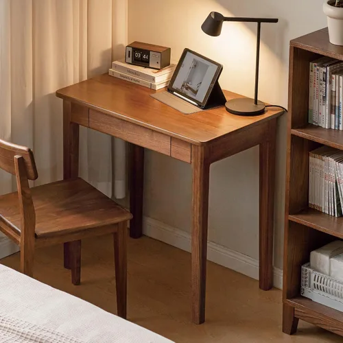 Vista 11 de Escritorio de madera maciza con acabado de nogal, escritorio pequeño para oficina en casa, escritorio de computadora para espacios pequeños